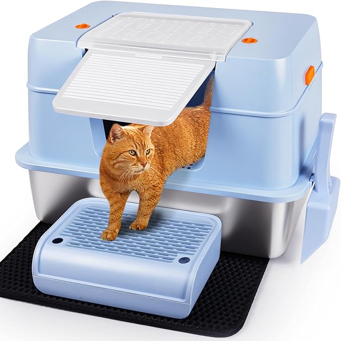 Vivifying Stainless Steel Litter Box with Lid, XL Side Entry Extra Large Litter Box for Big Cats &amp; Kitty, Removable Enclosed Metal Cat Pan with High Sided Enclosure, Scoop, Mat, Footboard (Blue)
