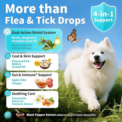 Dog Flea and Tick Support, Natural Herbal Flea &amp; Tick Comfort for Dogs, Flea Liquid Drops Supplement for Dogs with Neem, Oregano, Pumpkin Seed Oil - Chicken Flavor, 2 FL.Oz - All Breeds &amp; Sizes