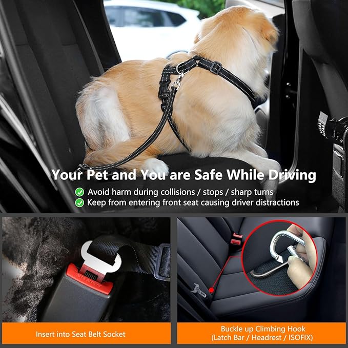 Dog Seat Belt Harness for Car, Dog Car Harness Adjustable Mesh Breathable &amp; Dogs Seatbelt Safety Tether with Elastic Bungee for Small Medium Large Pets(Carbon Black, XL)
