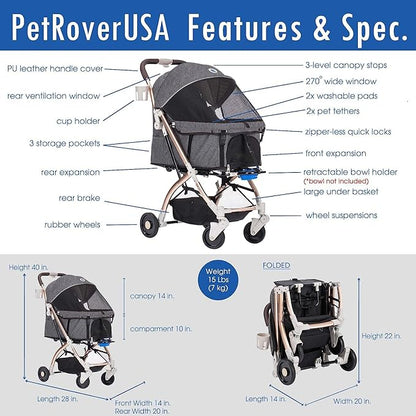 HPZ-PR America Pet Rover Lite Premium Light-Weight Dog/Cat/Pet Stroller Travel Carriage with Convertible Compartment/Aluminum Frame for Small &amp; Medium Pets (Gray 2nd-Gen.)