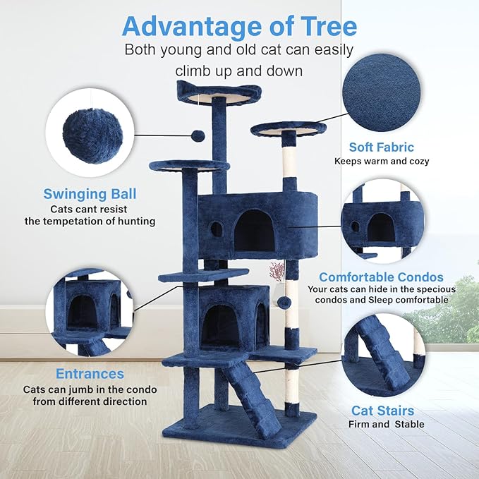 FDW Cat Tree 54in Cat Tower Multi-Level Durable Cat Scratching Post &amp; Cozy Fun Cat Jumping Platform Space Saving Cat Condo Pet Play House for Indoor Cats,Navy Blue