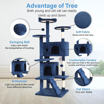 FDW Cat Tree 54in Cat Tower Multi-Level Durable Cat Scratching Post &amp; Cozy Fun Cat Jumping Platform Space Saving Cat Condo Pet Play House for Indoor Cats,Navy Blue