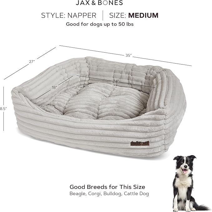 Jax &amp; Bones Dog Napper - Luna Grey Machine Washable Bed for Dogs - Extra Heavy Duty Bolstered Sides - Medium Grey Dog Mat | 35 x 27 Inches
