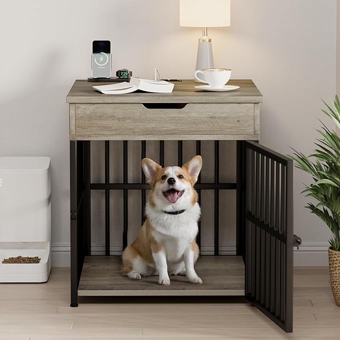 IRONCK Dog Crate Furniture for Small Dogs, Wooden Dog Kennel with Flip Top Drawer, Indoor Pet Crate End Table with Charging Station, Steel-Tube Dog Cage, Gray