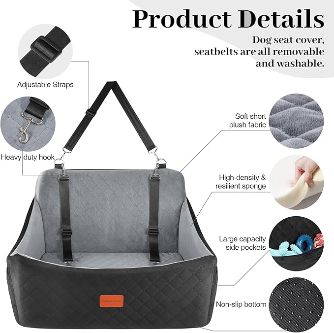 Dog Car Seat for Medium &amp; Large Dogs Up to 55lbs, Memory Foam Cushion, Washable Cover, Safety Straps &amp; Non-Slip Base(Black/Grey,Large)