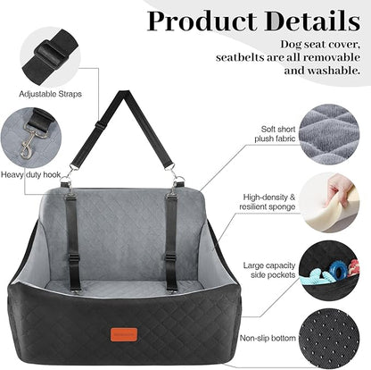 Dog Car Seat for Medium &amp; Large Dogs Up to 55lbs, Memory Foam Cushion, Washable Cover, Safety Straps &amp; Non-Slip Base(Black/Grey,Large)