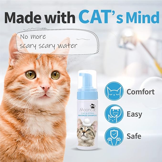 Mooncat Waterless Cat Grooming Bundle – No Rinse Foam Shampoo (5oz) + Cat Ear Cleaning Finger Wipes (40ct) | Licking Safe, pH Balanced, Dry Bath for Sensitive Cats, Removes Ear Wax &amp; Dirt, Daily Pet H