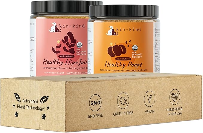 kin+kind Organic Supplements for Dogs&amp;Cats - Pumpkin Boost for Healthy Poops - Hip+Joint Supplement - Vet Formulated, Natural Formula - Made in USA - Poop | Hip+Joint M. (2 x 4 oz)