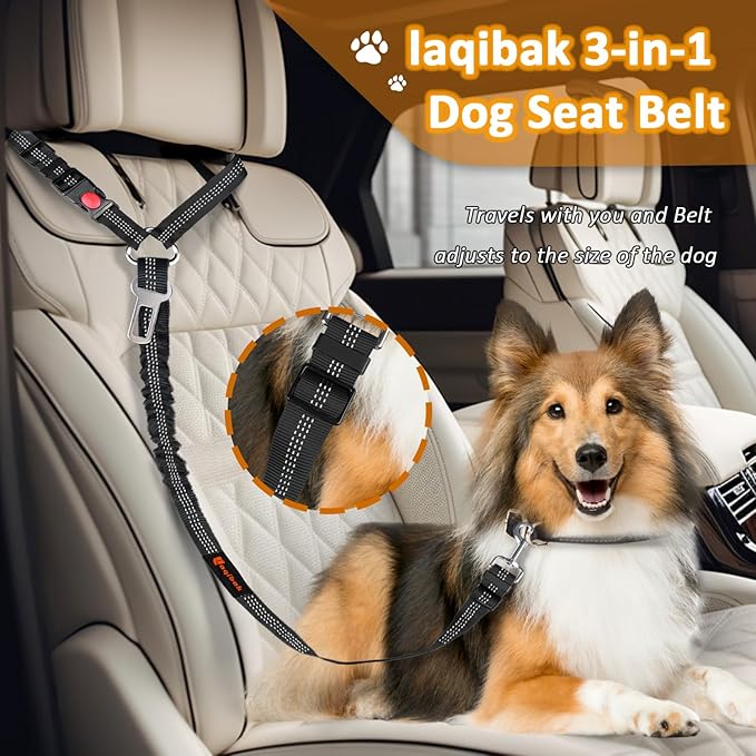 Removable Dog Seat Belt Harness for Car, 3 in 1 Pet Dog Car Seatbelt Leash, Retractable Restraint Secures to Vehicle Headrest &amp; Adjustable Reflective Bungee Dog Seatbelt Tether, Black