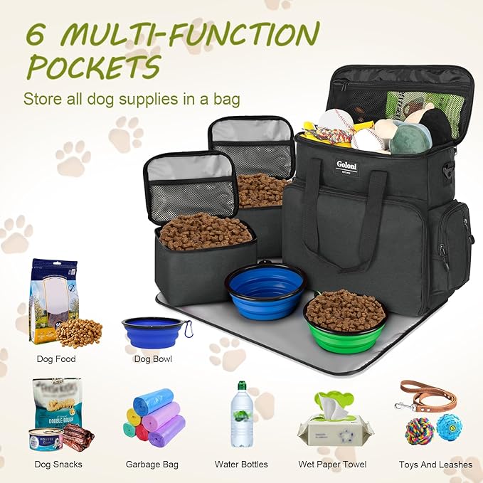 Dog Travel Bag Airline Approved–Pet Travel Tote with Collapsible Bowls,Food Containers &amp; Feeding Mat–Multi-Pocket Organizer for Dogs &amp; Cats, Durable &amp; Water-Resistant for Hiking,Trips,Outdoors