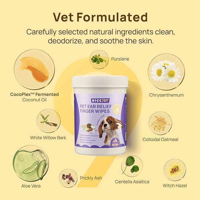 HICC PET Dog Ear Wipes Finger 100 Count Dog Ear Cleaner Wipes for Dogs &amp; Cats, Dog Ear Infection Treatment to Relieve Ear Itching &amp; Inflammation, Remove Ear Wax, Dirt, Smelly - Fresh Coconut Scent