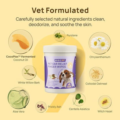 HICC PET Dog Ear Wipes Finger 100 Count Dog Ear Cleaner Wipes for Dogs &amp; Cats, Dog Ear Infection Treatment to Relieve Ear Itching &amp; Inflammation, Remove Ear Wax, Dirt, Smelly - Fresh Coconut Scent