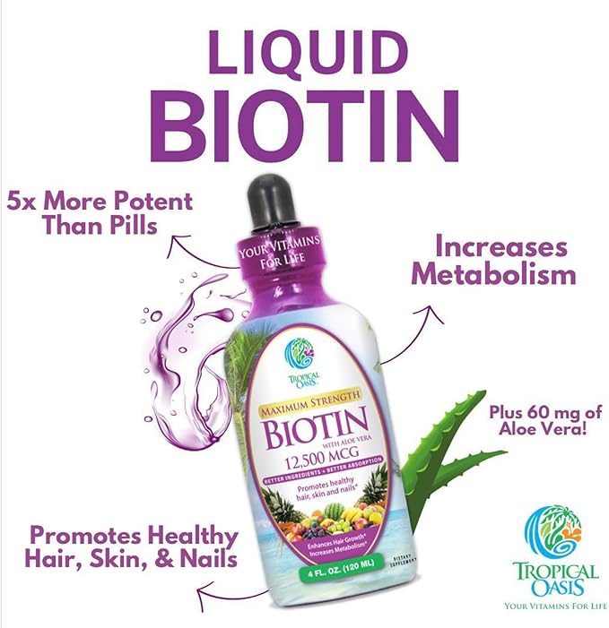 Maximum Strength Liquid Biotin Drops w/ 12,500 MCG – Best Vitamins for Fast Hair Growth, Reduced Hair Loss, Healthy Skin &amp; Strong Nails -5X More Potent Than Pills– Max Absorption, Vegan– 4oz, 30 Serv