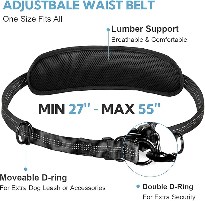 Hands Free Dog Leash, Adjustable Waist Belt with Double Padded Handles, Retractable Bungee for Medium &amp; Large Dogs, Waist Leash for Dog Walking, Running, No Pull, Black