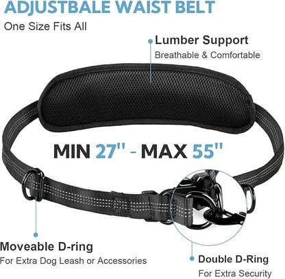 Hands Free Dog Leash, Adjustable Waist Belt with Double Padded Handles, Retractable Bungee for Medium &amp; Large Dogs, Waist Leash for Dog Walking, Running, No Pull, Black