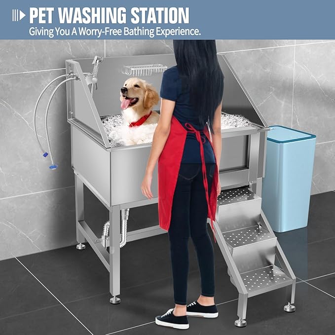 38" Dog Washing Station, Professional Stainless Steel Dog Bathing Station, Equipped with Three Anti-Slip Steps, Removable Door, Upgraded Spray Nozzle&amp;Hose - Ideal for Home, Pet Grooming Salon,R-RAMP