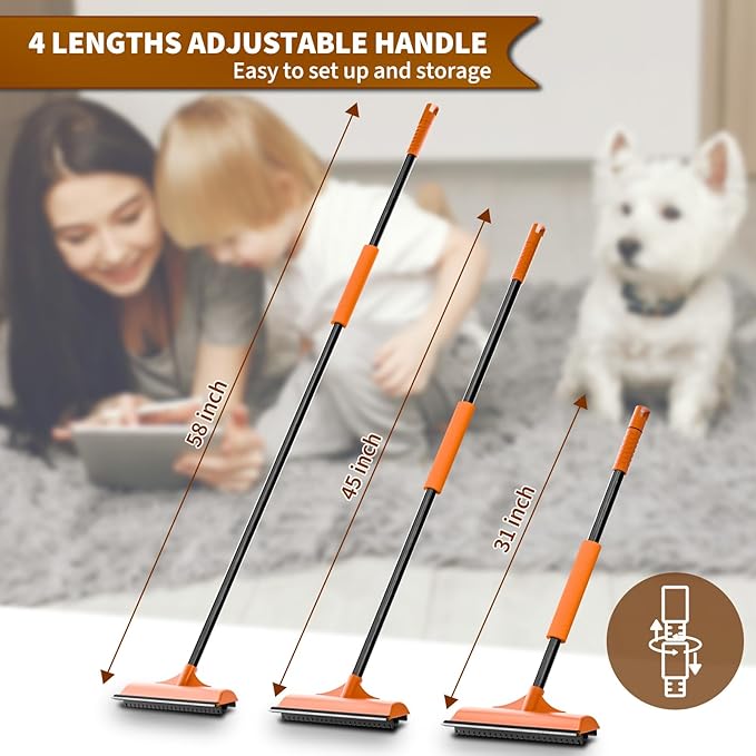 3 in 1 Carpet rake Kit for Pet Hair Removal Tool - Reusable Pet Hair Remover broom w 58"Adjustable Long Handle, Dog &amp; Cat Carpet Scraper, Pet Hair Remover for Rugs, Mats, Couch, Curtains(Orange)