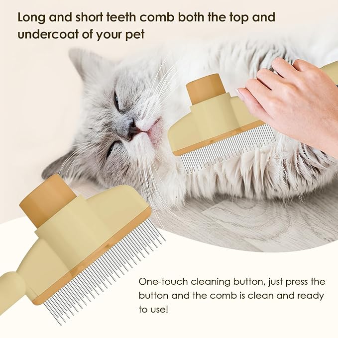 Flea Comb for Cat Hair Removal Comb, 2025 New Self-Cleaning Flea Brush for Cats and Dog, Comfort Cat Hair Removal Tool with Long &amp; Short Stainless Steel Metal Grooming Brush(Yellow)
