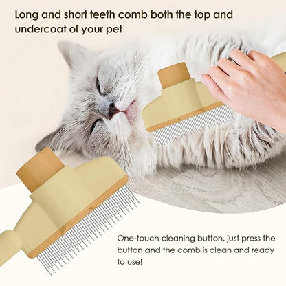 Flea Comb for Cat Hair Removal Comb, 2025 New Self-Cleaning Flea Brush for Cats and Dog, Comfort Cat Hair Removal Tool with Long &amp; Short Stainless Steel Metal Grooming Brush(Yellow)