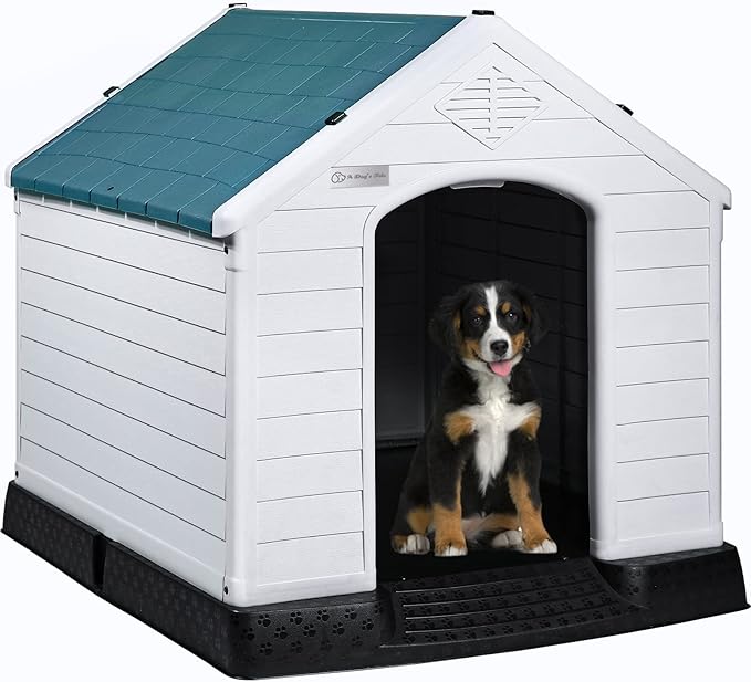 LEMBERI Durable Waterproof Plastic Dog House for Small to Large Sized Dogs, Indoor Outdoor Doghouse Insulated Puppy Shelter with Elevated Floor, Easy to Assemble (Blue, 34&