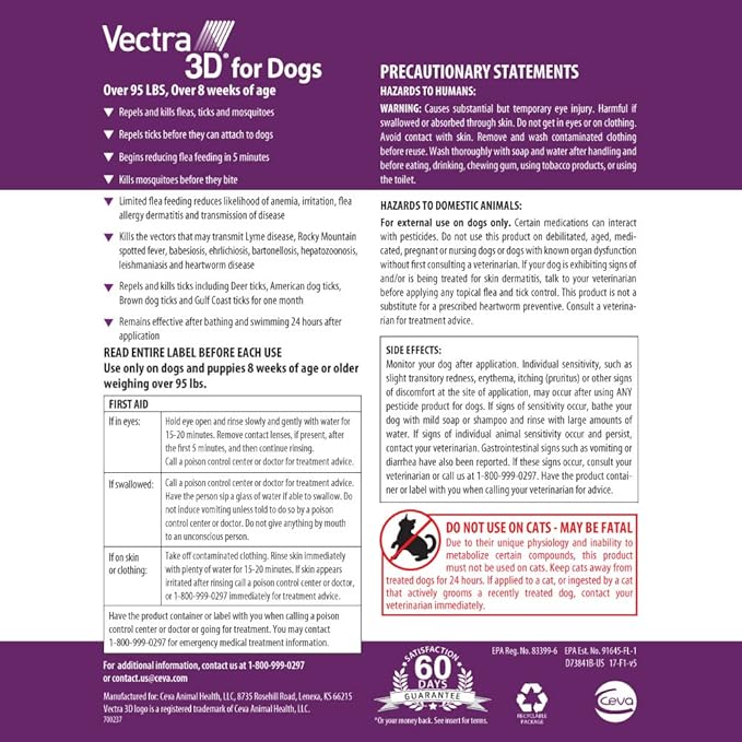 Vectra 3D for Dogs Flea, Tick &amp; Mosquito Treatment &amp; Prevention for Extra Large Dogs (Over 95 lbs), 6 Month Supply