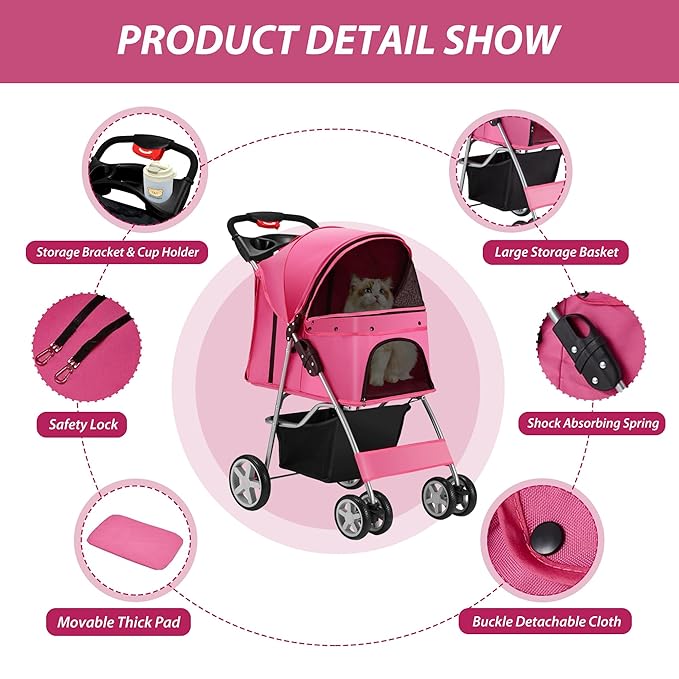 4 Wheels Pet Stroller for Small Medium Dogs Cats 10-33 lbs, Foldable Dog and Cat Stroller with Cup Holder &amp; Storage Basket &amp; Breathable Mesh, Pet Strolling Cart for All-Season, Pink