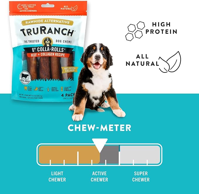 Collagen Rolls - 6" Collagen Rolls for Dogs - Long Lasting Healthy Joint Support - Rawhide Alternative - Skin &amp; Coat Health - Made with Real Beef, Value Pack, 15 Bags, 60 Count