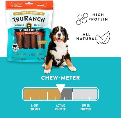 Collagen Rolls - 6" Collagen Rolls for Dogs - Long Lasting Healthy Joint Support - Rawhide Alternative - Skin &amp; Coat Health - Made with Real Beef, Value Pack, 15 Bags, 60 Count