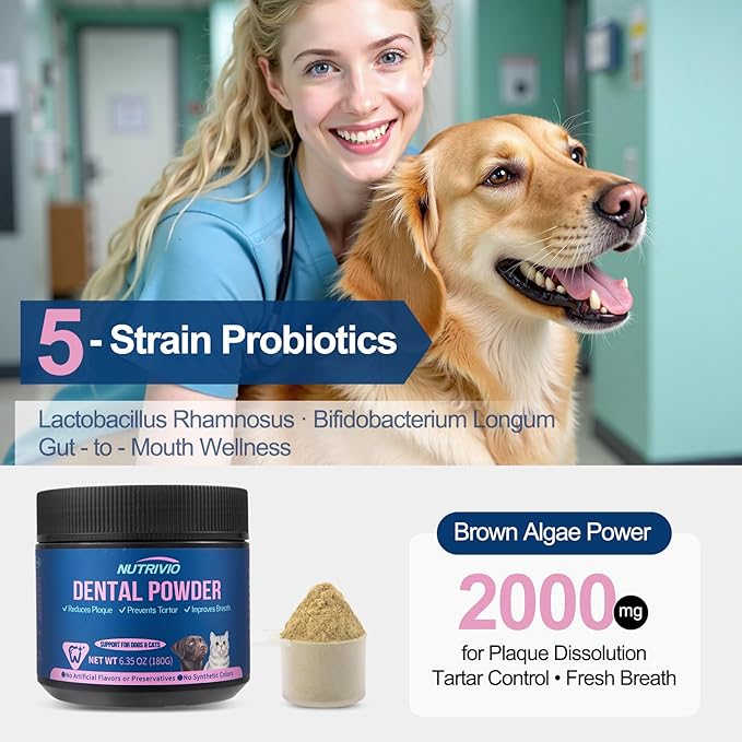 Dental Powder for Dogs &amp; Cats - 5 Strains of Probiotics with 10B CFU, Natural Ingredients for Plaque &amp; Tartar Control, Fresh Breath Oral Care,Safe for All Breeds &amp; Ages Pets - 6.35oz(180g)