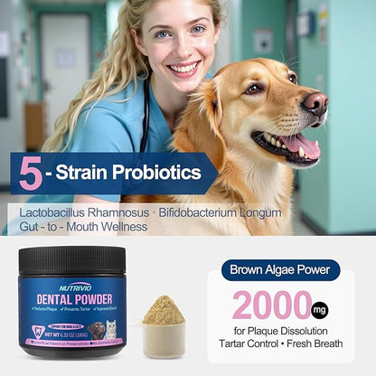 Dental Powder for Dogs &amp; Cats - 5 Strains of Probiotics with 10B CFU, Natural Ingredients for Plaque &amp; Tartar Control, Fresh Breath Oral Care,Safe for All Breeds &amp; Ages Pets - 6.35oz(180g)
