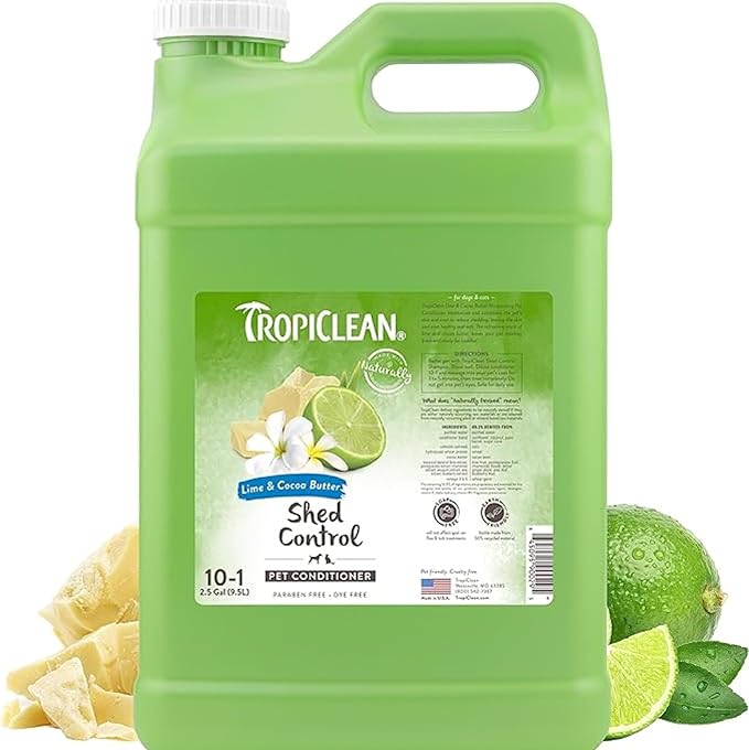 TropiClean Deshedding Dog Conditioner, Professional Conditioner, Reduces Shedding &amp; Softens Coat, Puppy Safe, Lime &amp; Cocoa Butter Scent, 2.5 Gallon