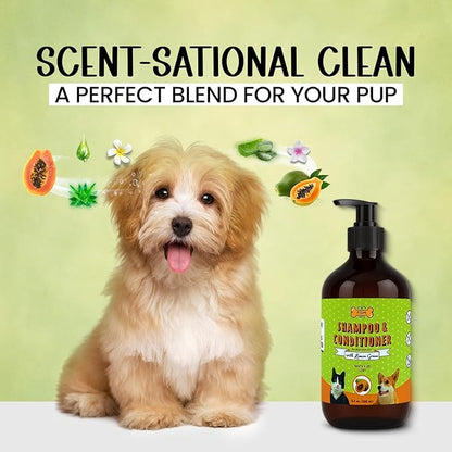 POM Pets 2-in-1 Organic Dog Shampoo &amp; Conditioner – Itchy Skin Relief, Dog Deshedding, Detangles Fur, Cat Shampoo, Paw Cleaner for Dogs, Natural Coat Defense Formula