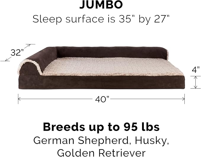 Furhaven Cooling Gel Dog Bed for Large Dogs w/ Removable Bolsters &amp; Washable Cover, For Dogs Up to 95 lbs -Two-Tone Plush Faux Fur &amp; Suede L Shaped Chaise- Espresso, Jumbo/XL, 40.0"L x 32.0"W x 8.0"Th
