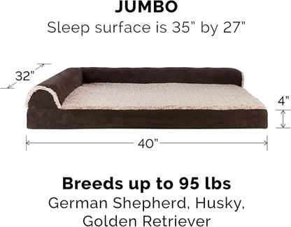 Furhaven Cooling Gel Dog Bed for Large Dogs w/ Removable Bolsters &amp; Washable Cover, For Dogs Up to 95 lbs -Two-Tone Plush Faux Fur &amp; Suede L Shaped Chaise- Espresso, Jumbo/XL, 40.0"L x 32.0"W x 8.0"Th