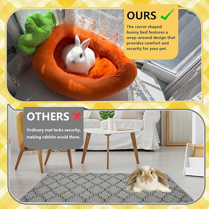 Rabbit Bed,Thick&amp;Soft Bunny Bed with Removable Cushion,Machine Washable with Rattan Mat &amp; Heart Decor,Cozy Warm Small Animal Sleeping Beds (Carrot Shape-L)