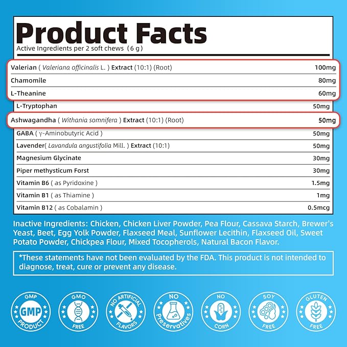 Calming Chews for Dogs – Calming Treats for Anxiety, Stress, Separation, Travel&amp;Thunder, Relaxation &amp; Focus Support with L-Theanine, Valerian Root, Chamomile &amp; Ashwagandha, Bacon Flavor, 60Ct