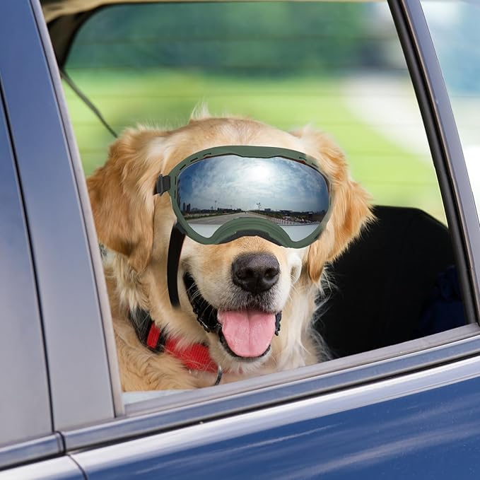Dog Goggles for Large Dogs, UV Wind Dust Fog Protection, Soft Frame Adjustable Dog Sunglasses, Summer Driving &amp; Winter Snow Eyewear, Tactical Pet Glasses with Elastic Strap (Green)