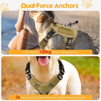 Heavy-Duty Tactical Dog Harness for Large Dogs, No Pull Adjustable Reflective Pet Vest with Molle System, K9 Military-Grade Control for Service Training, Outdoor &amp; 10+ Breeds, Khaki, X-Large