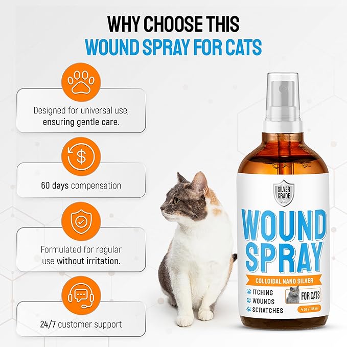 Cat Wound Care Spray with Silver – Wounds, Rashes, Hot Spots, Itch, Scratching, Irritation, Bites &amp; Burns – Use a Cat Cone to Prevent Licking – Safe Formula – 4 Oz