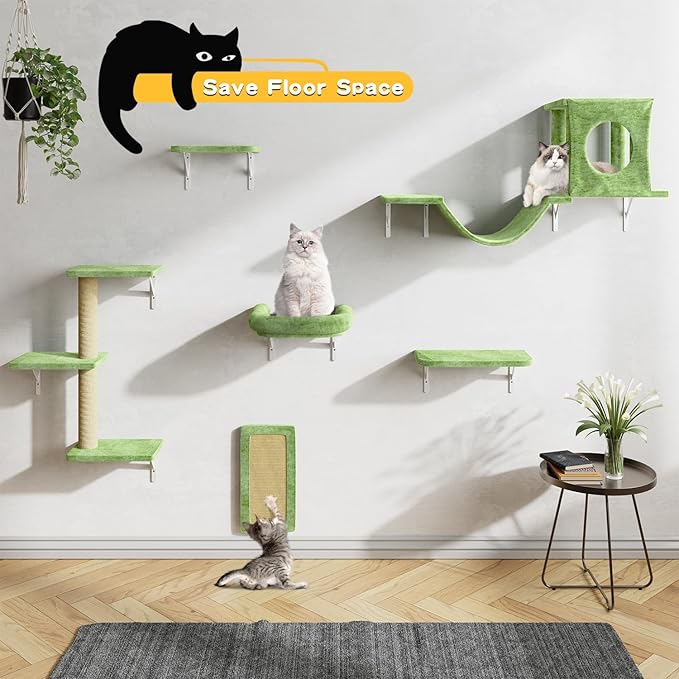 NUNU LAB Wall Mounted Cat Furniture, 6 Pcs Cat Wall Shelves with Condo House, Bridge, Steps, Scratcher, Hammock, Indoor Safe &amp; Stable Furniture for Kittens Play, Green