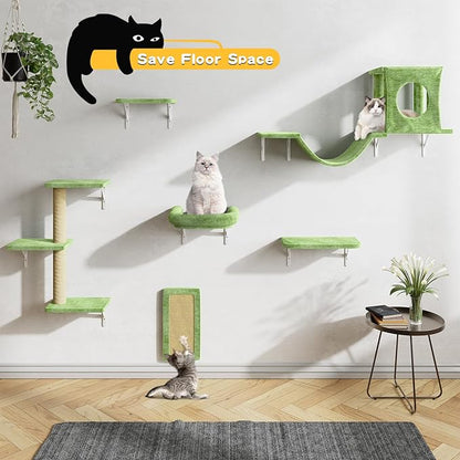 NUNU LAB Wall Mounted Cat Furniture, 6 Pcs Cat Wall Shelves with Condo House, Bridge, Steps, Scratcher, Hammock, Indoor Safe &amp; Stable Furniture for Kittens Play, Green