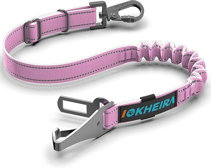 IOKHEIRA Dog Seat Belt 3-in-1 Car Harness for Dogs Adjustable Safety Seatbelt for Car Nylon Reflective Bungee Fabric Dog Car Harness with Clip Hook Latch &amp; Buckle, Swivel Zinc Alloy Carabiner (Pink)