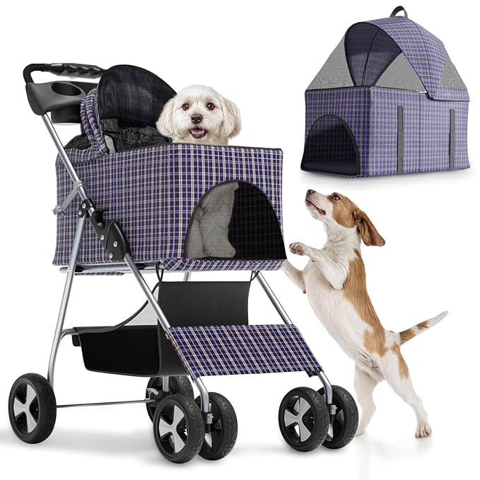 Magshion Foldable Pet Stroller, 3-in-1 Dog Travel Jogger with Detachable Carrier, Cup Holder, Storage Basket, Folding Carrier for Small/Medium Dogs &amp; Cats Up to 33 lbs, Plaid