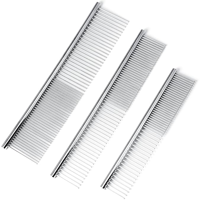 [3 Pack] Stainless Steel Pet Comb Set – Grooming Combs for Dogs &amp; Cats, Large Medium Small Sizes – for Long, Short, Curly Hair, Detangling Matted or Knotted Undercoat Hair