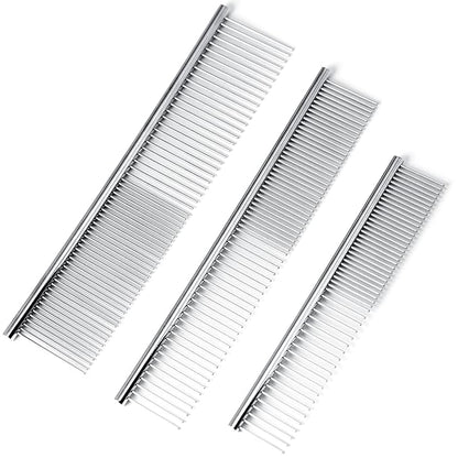 [3 Pack] Stainless Steel Pet Comb Set – Grooming Combs for Dogs &amp; Cats, Large Medium Small Sizes – for Long, Short, Curly Hair, Detangling Matted or Knotted Undercoat Hair