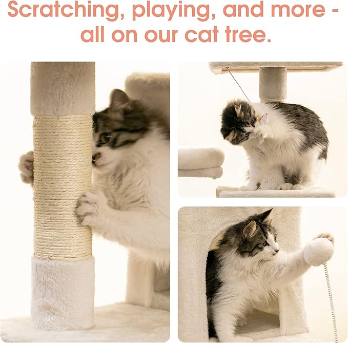 MWPO 70.1-Inch Large Cat Tree, Multi-Level Tall Cat Tower for Indoor Cats, Plush Cat Condo with Big Padded Perches, Sisal-Covered Scratching Posts, Hammock, Toys for Kittens &amp; Cats - Beige