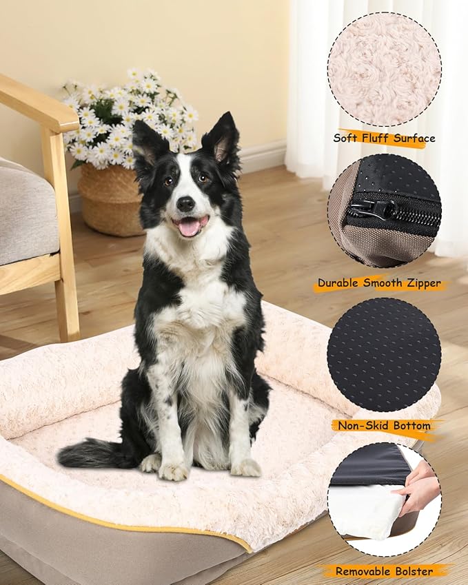 Washable Orthopedic Dog Bed for Medium Dogs, Waterproof Dog Bed with Bolster, Big Couch Sofa with Removable Cover &amp; Non-Slip Bottom