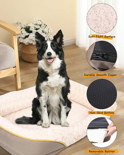 Washable Orthopedic Dog Bed for Medium Dogs, Waterproof Dog Bed with Bolster, Big Couch Sofa with Removable Cover &amp; Non-Slip Bottom