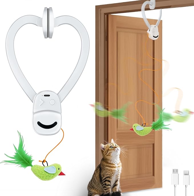 Interactive Cat Toys for Indoor Cats Automatic Electric Flying Bird Feather Wand Toy - Best Kitten &amp; Adult Cat Enrichment Stimulation Toy Hanging Electric Kitty Toys for Bored Cats（Bright White）