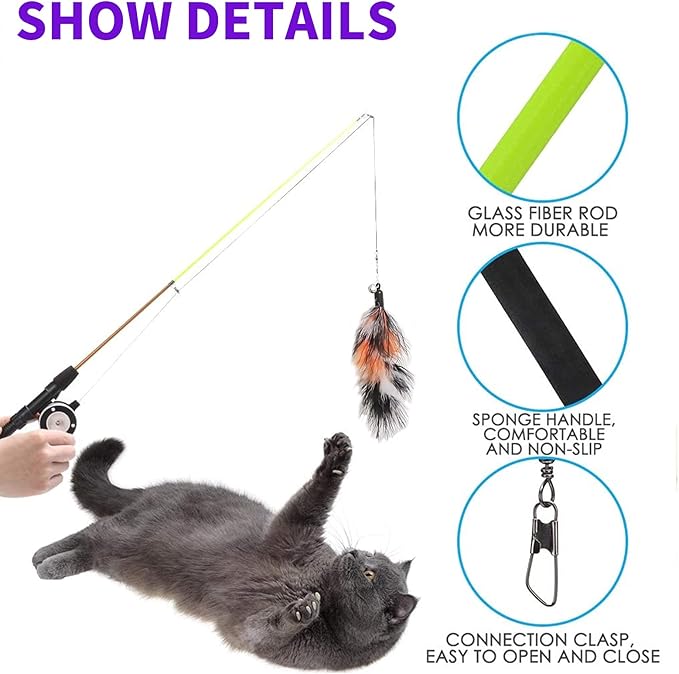 Retractable Cat Teaser Wand Toy, Cat Toys for Indoor Outdoor Cats Interactive Fishing Rod with 8 Pcs Refills Feather Toy, Plush Mouse Caterpillar &amp; Fish
